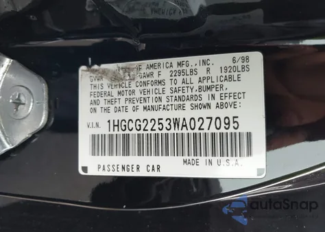 1998 Honda Accord Ex V6 z USA, uszkodzony, nr VIN 1HGCG2253WA027095